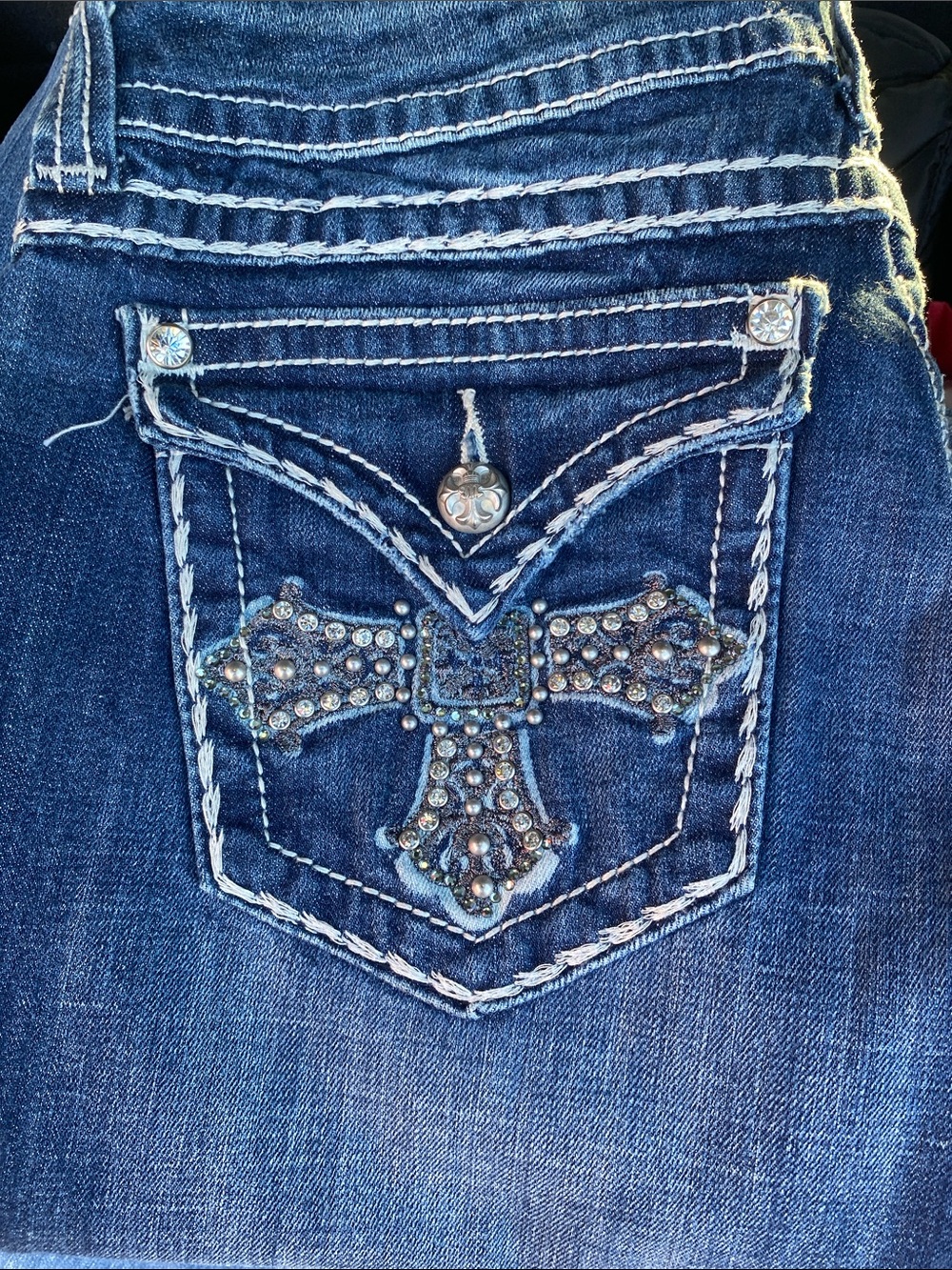 Miss Me Dark Blue Boot Cut Jeans with Embellished Cross Pocket